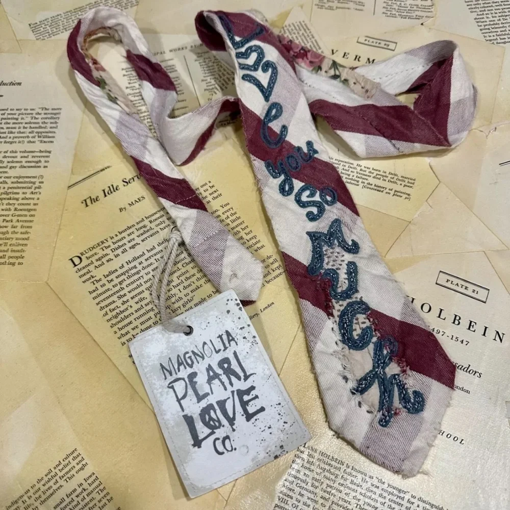 Magnolia Pearl Monty Tie Jabot "Love You So Much" Embroidered Red Tan Stripe - Picture 3 of 6